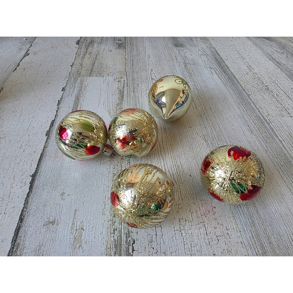Vintage gold glitter ball teardrop ornament glass set red‎ Xmas tree